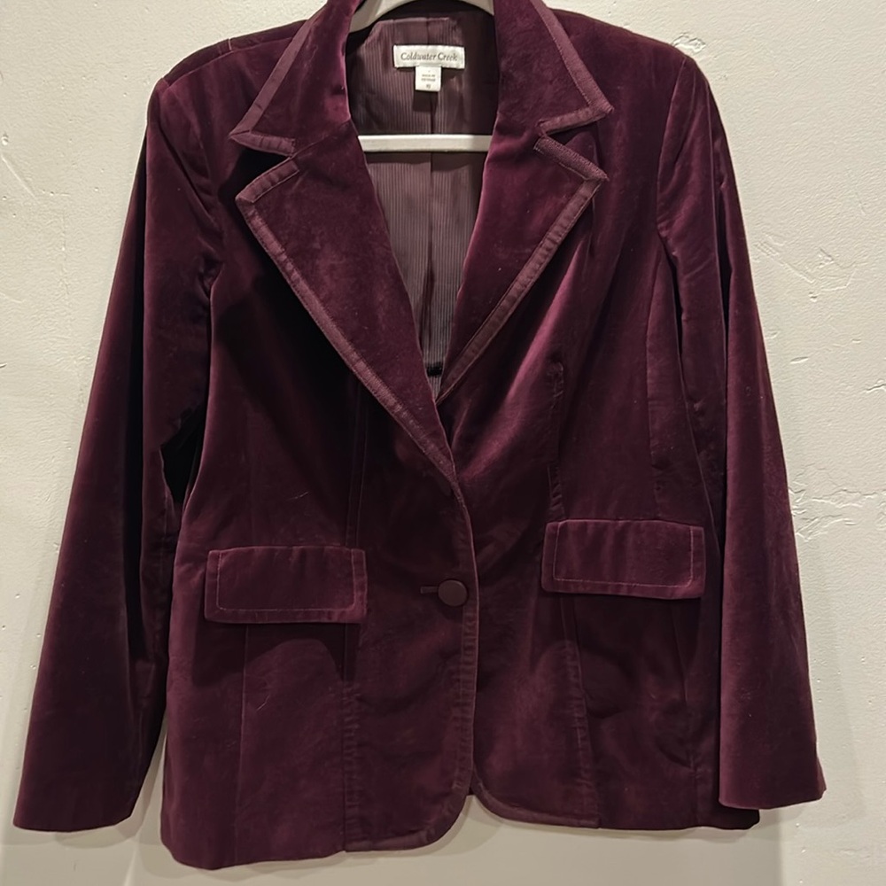 Coldwater Creek Maroon Velvet Single Breasted Long Sleeve Blazer Jacket Size 14